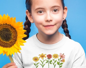 Camiseta roja, blanca y hermosa con flores de América / Camiseta para niños pequeños