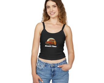 Canotta vintage con spalline sottili Woody Wagon, canotta da surf da spiaggia, maglietta per le vacanze estive, abbigliamento da spiaggia da donna, canotta retrò