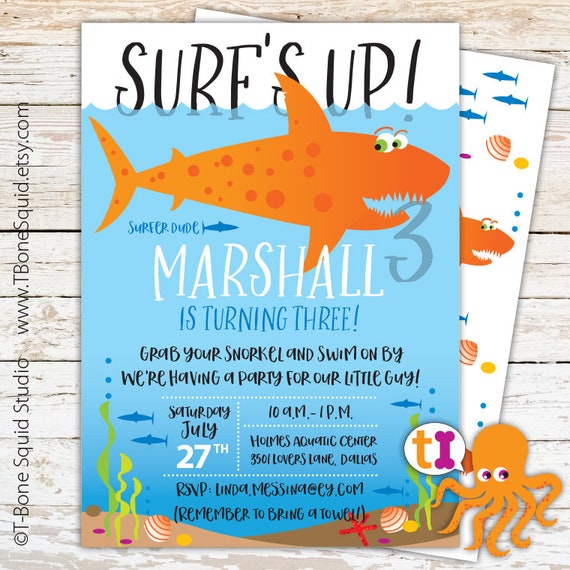 shark swimming beach birthday party invitation for kids kids beach party invitation