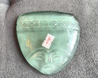 Made in Mexico green glass face mask paperweight heavy green art glass