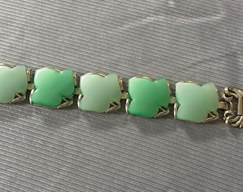 Vintage Coro Green Thermoset Bracelet gold tone with ornate detail chunky gold