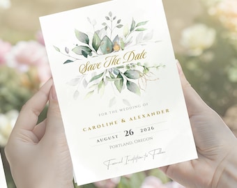 Botanical  Save the Date Invitation,Template, Greenery Wedding Invite,  Editable & Printable Mobile Evite,