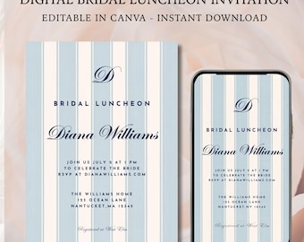Preppy Bridal Luncheon Invitation Template, Coastal  Nantucket Wedding Event Invite, Editable Canva Template