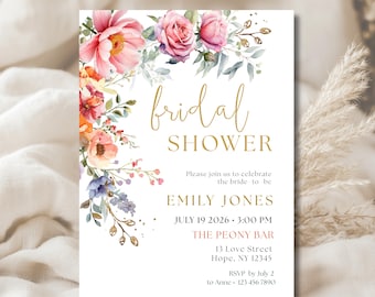 Blush Pink Floral Bridal Shower Invitation Template, Romantic Peony Invite, Editable Mobile Evite
