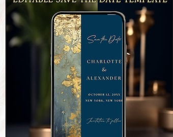 Teal Gold Save The Date Template, Editable Canva Mobile Invitation, Luxury Digital Wedding Evite