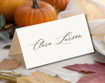Calligraphy Wedding Place Card,  Editable Canva Template, Elegant Cream Flat & Folded Seated Name Tags,
