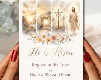 He Is Risen-wenskaart Pasen, op geloof gebaseerde christelijke kaart, 5 x 7 religieuze digitale download