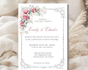 Vintage Rose Wedding Invitation Template, Elegant  Frame, Classic Luxury Printable Invite, Editable Mobile Evite