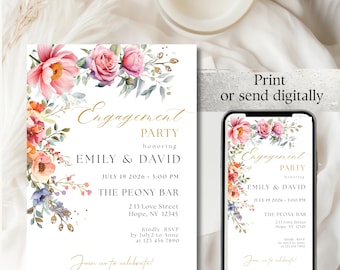 Floral Engagement Party Invitation Template,  Blush Pink Peony Invite ,Romantic Botanical Mobile Evite