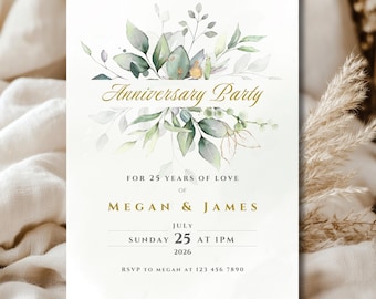 Botanical 25th Anniversary Party Invitation Template, Elegant Greenery Minimal 5x7 Printable, Mobile Evite