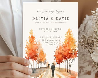Watercolor Fall Wedding Invitation Canva Template, Elegant Editable Wedding Invite, Printable Autumn Digital Download