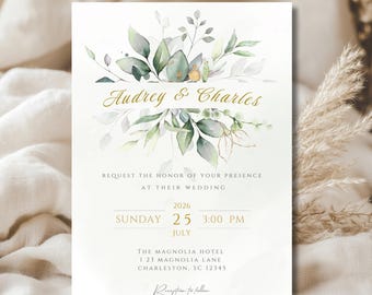 Botanical Wedding Invitation Template, Editable Greener Canva Editable (Digital Download)