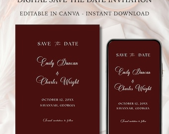 Burgundy Cream Save the Date Editable Canva Template, Printable Fall Old Money Wedding Announcement
