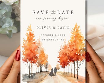 Watercolor Fall Save The Date Editable Canva Template, Elegant Printable Wedding Invitation, Digital Download