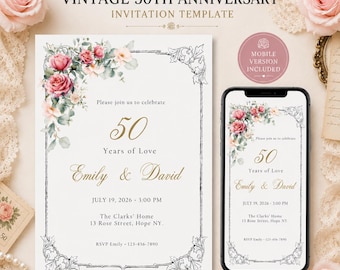 50th Anniversary Invitation Template, Vintage Rose Editable Invite, Classic Silver Wedding Evite