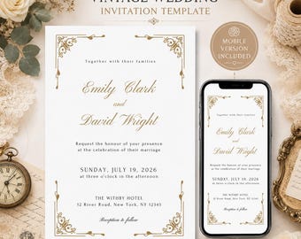 Vintage Frame Wedding Invitation Template, Elegant Calligraphy Wedding Invite, Editable Mobile Evite (Digital Download)