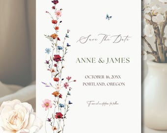 Wildflower Save The Date Invitation Template, Romantic Editable Canva Invite, Printable Digital Download