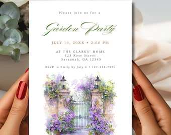 Elegant Garden Party Invitation Canva Template , Romantic Purple Clematis Editable Printable, Digital Download