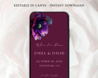 Purple Flower Mobile Save The Date Canva Template, Editable Wedding Evite, Digital Download