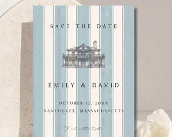 Modèle sur toile Hampton bleu et crème réservez la date, faire-part de mariage côtier imprimable Old Money