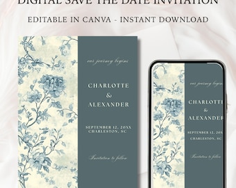 European Toile Dusty Teal Save the Date Template, Editable Printable Old Money Canva Invitation