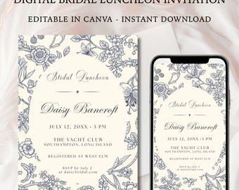 Blue Toile Bridal Luncheon Invitation Template, Editable Canva Bridal Shower Invite, Printable Digital Download