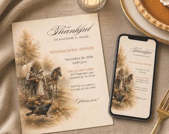 Dankbare uitnodiging voor een Thanksgiving-diner, bewerkbare Canva-sjabloon, 5x7 inch printbaar, mobiele e-uitnodiging, direct te downloaden