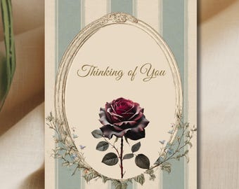 ヴィンテージローズの「Thinking of You」印刷可能カード、エレガントな花柄グリーティングカード、ロマンチックな即時ダウンロード、