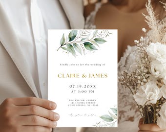 Greenery Wedding Invitation Suite, Editable Canva Template,  Printable Botanical Stationery, Digital Download