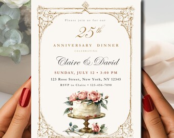Elegant 25th Anniversary Invitation Canva Template, Old Money Vintage Cake  Editable Invite, Digital Download