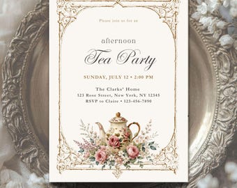 Vintage Tea Party Invitation Canva Template, Elegant Editable Teapot Party Invite, Printable Digital Download