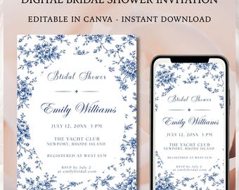 French Blue Toile Bridal Shower Invitation Template, Editable Hamptons Invite, Printable Digital Download