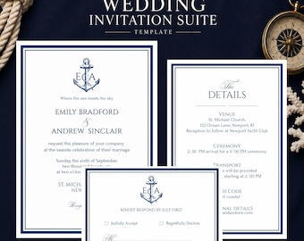 Nautical Wedding Invitation Suite, Editable Canva Template, Navy Blue Printable Invite,RSVP, Details Card