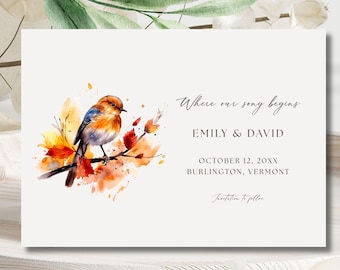 Fall Watercolor Save the Date Template, Editable Autumn Bird Wedding Card , Printable Digital Download