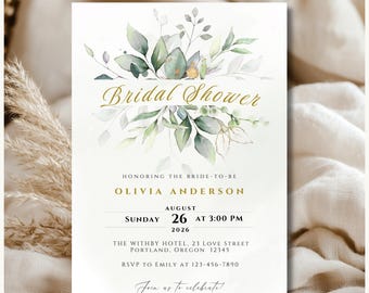 Botanical Bridal Shower Invitation Template, Romantic Greenery Party Invite, Editable & Printable Mobile Evite