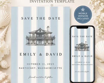 Hampton Blue and Cream Save the Date  Canva Template, Printable Old Money Coastal Wedding Invitation