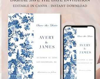 Blue White Toile de Jouy Save The Date Canva Template, Coastal Old Money Wedding Printable