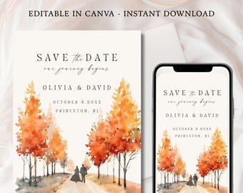 Aquarell Herbst Sparen Sie das Datum bearbeitbare Canva Vorlage, elegante druckbare Hochzeitseinladung, digitaler Download