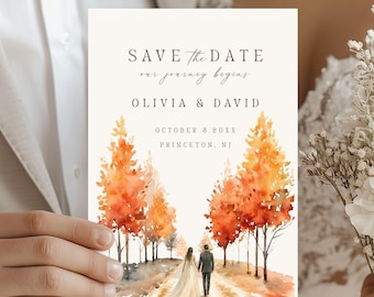 Watercolor Fall Save The Date Editable Canva Template, Elegant Printable Wedding Invitation, Digital Download