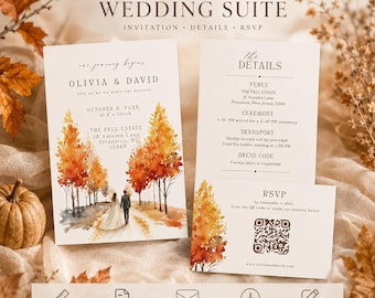 Fall Wedding Invitation Suite, Elegant Editable Canva Template, RSVP, Details Card, Printable Instant Download
