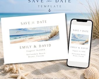 Beach Save the Date Template, Coastal Wedding Stationery, Minimal Watercolor Design (Digital Download)