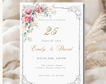 25th Anniversary Invitation Template, Vintage Rose Silver Wedding Evite, Digital Download