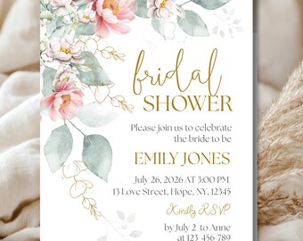 Botanical  Bridal Shower Invitation Canva Template, Botanical 5x7  Invite, Digital Download)