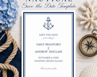 Nautical Save the Date Template, Coastal Wedding Canva Editable Invitation, Printable Instant Download