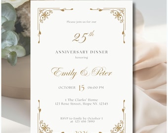25th  Vintage Anniversary Invitation Template, Editable Old Money Anniversary Dinner Evite, Digital Download