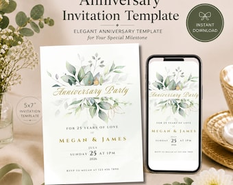 25th Anniversary Invitation Template, Editable Botanical Greenery Canva Invite, Printable 5x7