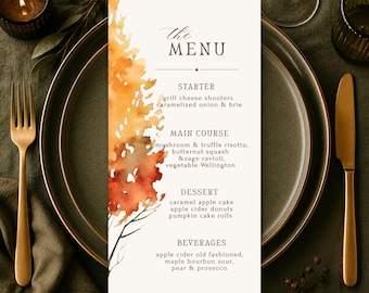 Watercolor Fall Wedding Menu Template, Editable Canva Reception Menu Card, Printable Instant Download