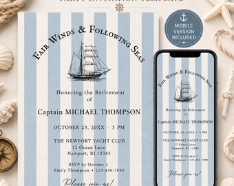 Coastal Retirement Invitation Template, Nautical Captain Retirement Party Printable, Editable Digital Download