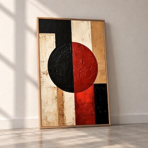 Abstracte wanddecoratie op canvas met gesplitste cirkels, geometrische textuur en decoratie in mid-century stijl.