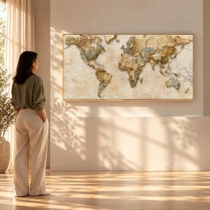 World Map Wall Art - Large Textured World Map Canvas - Vintage Travel Map - Nursery Classroom Decor